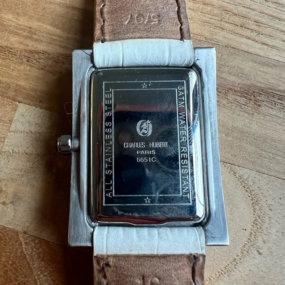 Charles Hubert Paris ladies rectangular white leather dress watch NEW BATTERY